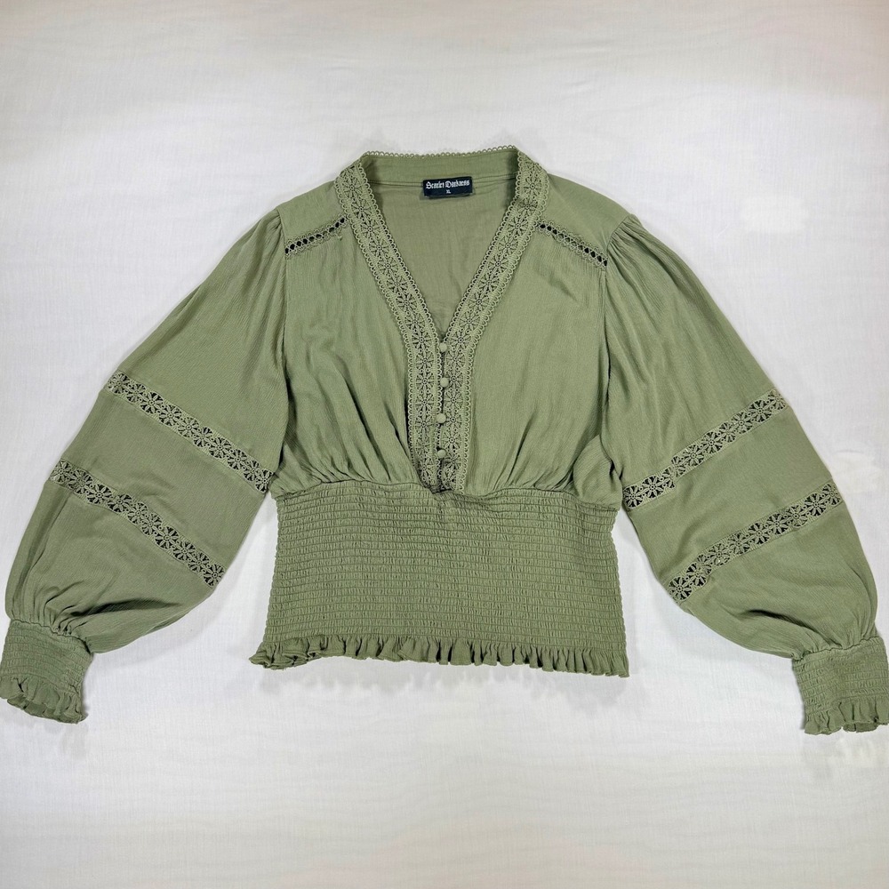 Scarlet Darkness Sage Green Lace Trim Smocked Waist Lantern Sleeve Blouse XL